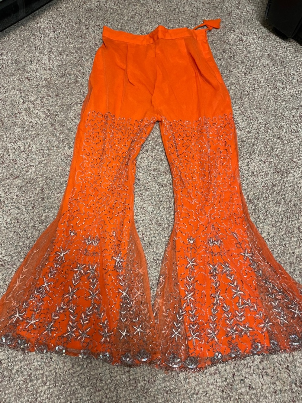 Vintage beaded sequinned super bell bottom Embellished Orange mesh Pants - Picture 1 of 13